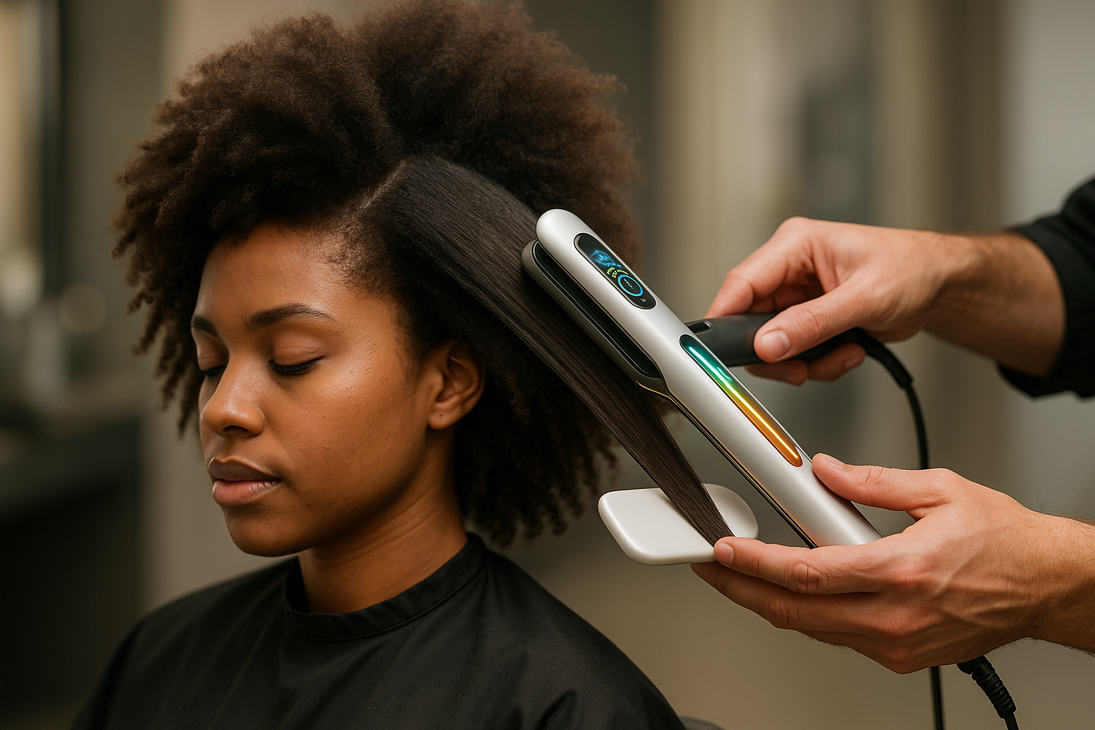Uma pessoa com cabelo cacheado natural senta-se calmamente enquanto outra pessoa usa um alisador de cabelo para alisar uma seção de seu cabelo em um salão de beleza.