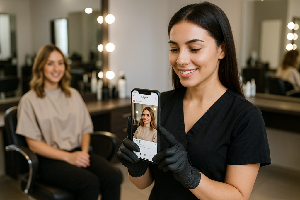 Cabeleireiro sorridente, com uniforme preto e luvas, segura um smartphone com a foto de uma cliente. A cliente está sentada em uma cadeira de salão em frente a um espelho, também sorrindo. Os produtos de modelagem do salão estão visíveis no balcão.