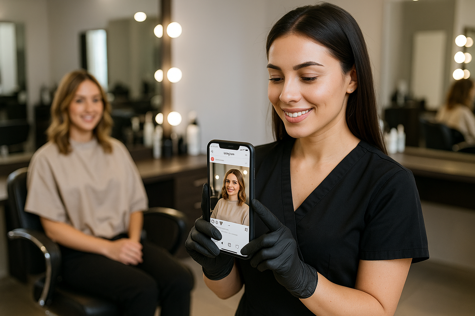 Cabeleireiro sorridente, com uniforme preto e luvas, segura um smartphone com a foto de uma cliente. A cliente está sentada em uma cadeira de salão em frente a um espelho, também sorrindo. Os produtos de modelagem do salão estão visíveis no balcão.