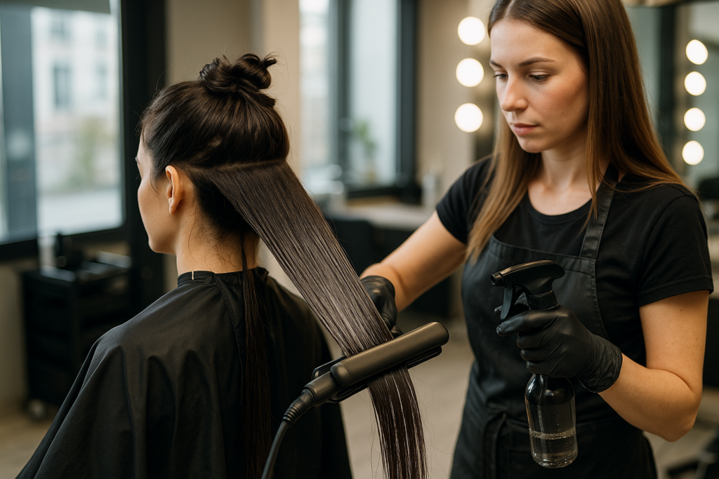 Um cabeleireiro usando luvas pretas usa uma chapinha para alisar os cabelos longos e escuros de uma cliente em um salão de beleza. A cliente está sentada com uma seção de cabelo presa e o cabeleireiro segura um frasco de spray.