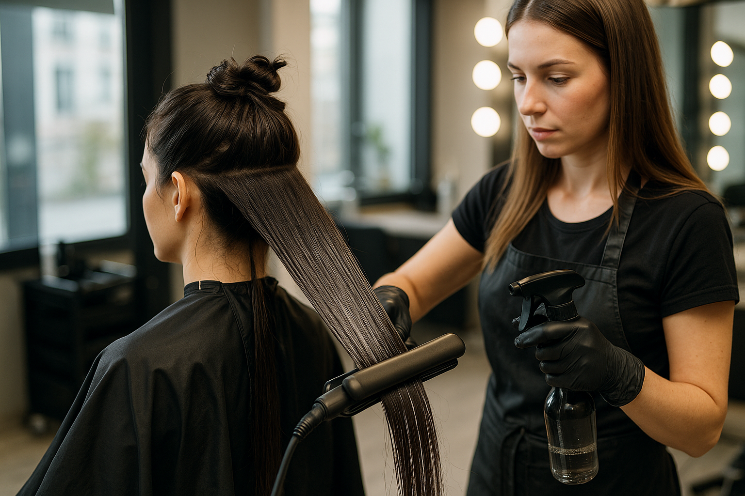 Um cabeleireiro usando luvas pretas usa uma chapinha para alisar os cabelos longos e escuros de uma cliente em um salão de beleza. A cliente está sentada com uma seção de cabelo presa e o cabeleireiro segura um frasco de spray.