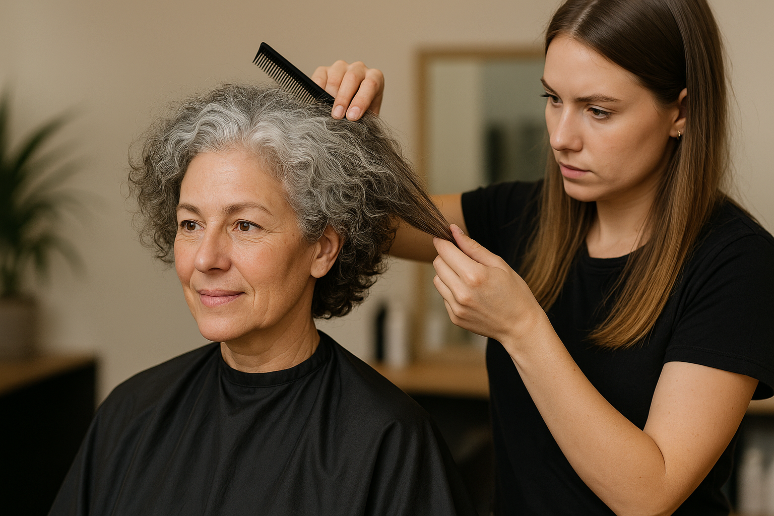 Uma mulher de cabelos grisalhos senta-se em uma cadeira de salão, usando uma capa preta, enquanto um cabeleireiro de camisa preta penteia e levanta uma seção de seu cabelo. O fundo está suavemente desfocado.
