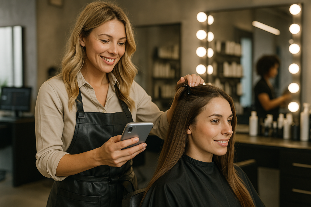 Uma cabeleireira usando um avental preto segura um smartphone e sorri enquanto arruma o cabelo de uma mulher sentada em um salão. As duas mulheres parecem felizes. Prateleiras com produtos para cabelo e espelhos são visíveis ao fundo.
