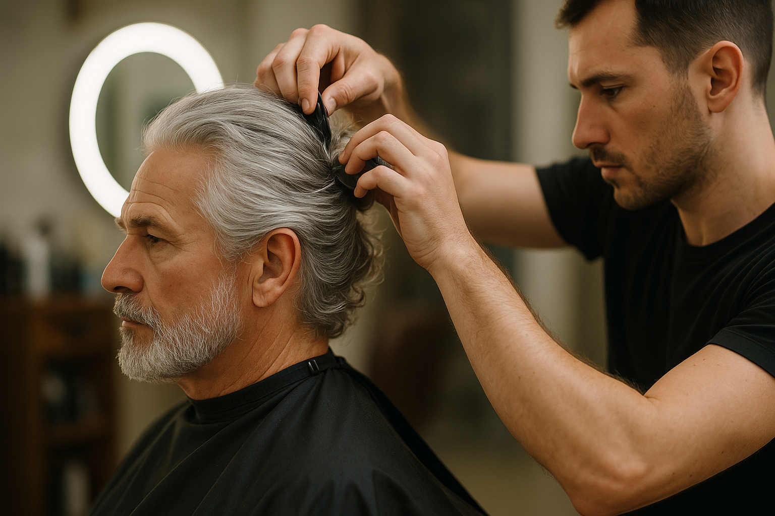 Um cabeleireiro de camisa preta está amarrando para trás os longos cabelos grisalhos de um homem mais velho com barba, que está sentado e usando uma capa preta de salão. Um espelho redondo e móveis de salão são visíveis ao fundo.