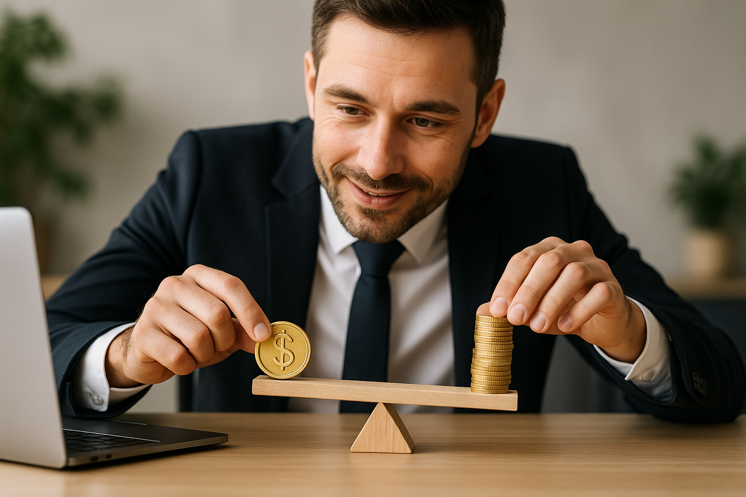Um homem de terno equilibra uma balança de madeira com uma moeda de ouro em um lado e uma pilha de moedas no outro, sentado em uma mesa com um laptop ao fundo.