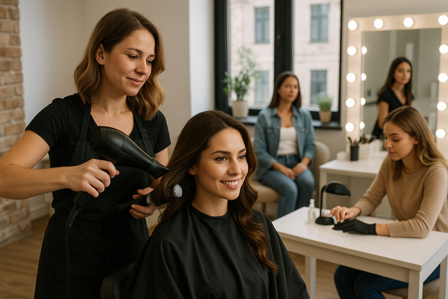 Um cabeleireiro seca o cabelo de uma mulher em um salão de beleza. A mulher sorri enquanto está sentada em uma capa preta de salão. Ao fundo, três outras mulheres estão sentadas em mesas, uma delas trabalhando nas unhas sob luzes brilhantes.