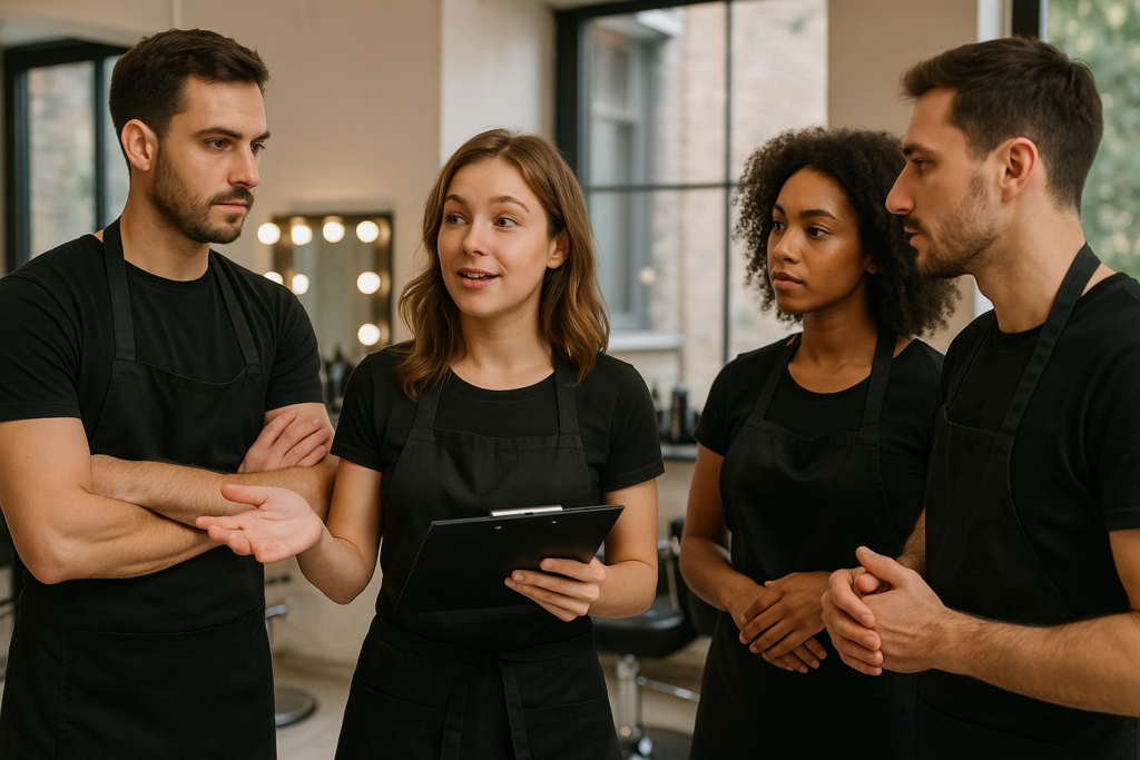 Quatro pessoas usando aventais pretos estão em um grupo dentro de casa. Uma mulher segura uma prancheta e parece estar falando, enquanto as outras ouvem atentamente. Grandes janelas e cadeiras de salão são visíveis ao fundo.