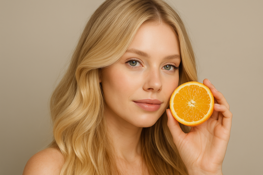 Uma mulher com longos cabelos loiros segura metade de uma laranja perto de seu rosto. Ela tem uma expressão neutra e está posicionada em frente a um fundo bege liso.