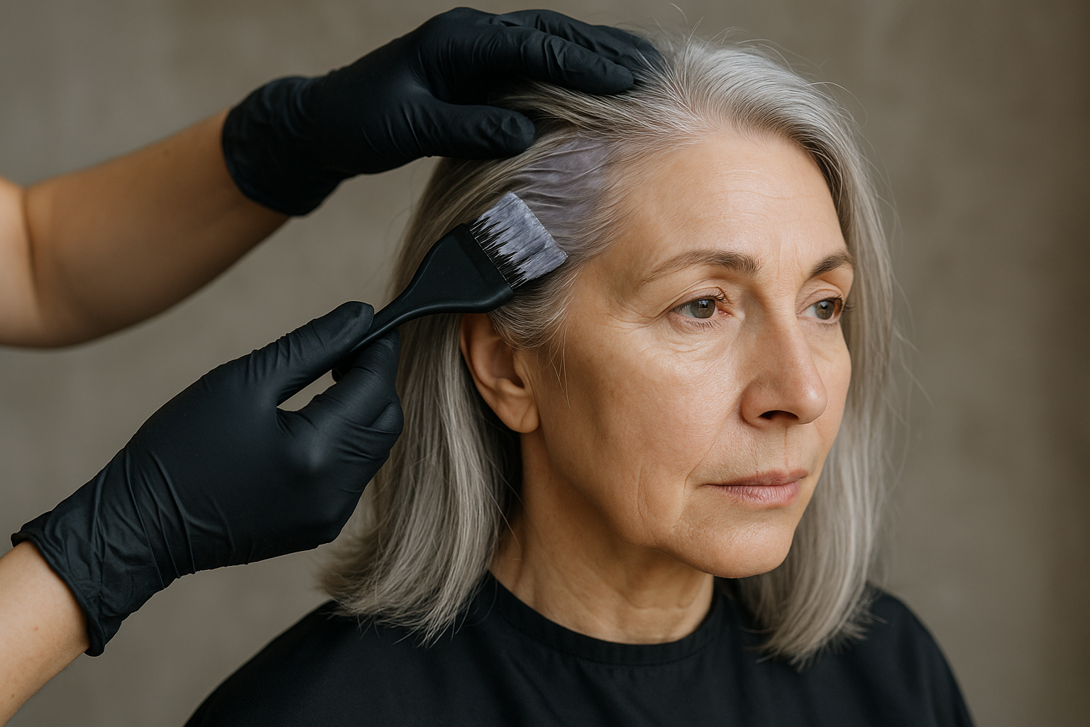 Uma pessoa com cabelos grisalhos está sentada enquanto outra pessoa, usando luvas pretas, aplica tintura de cabelo em suas raízes com um pincel. O plano de fundo é neutro e o foco está no processo de coloração do cabelo.