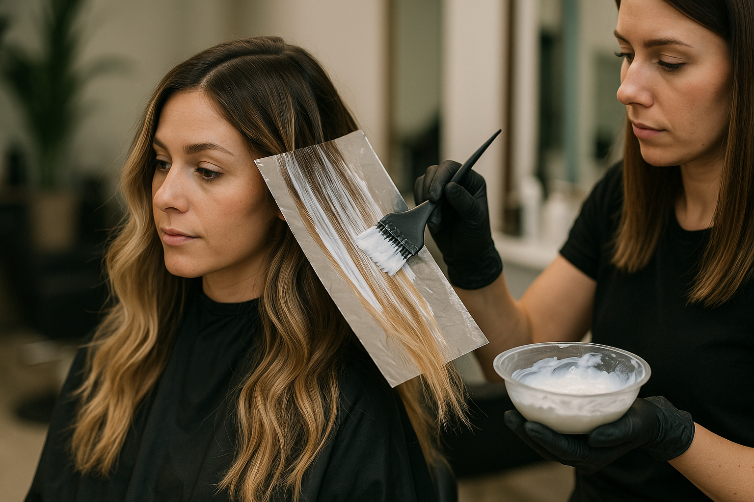 Um cabeleireiro usando luvas pretas aplica tintura de cabelo com um pincel no cabelo de uma mulher usando uma folha de plástico. A mulher está sentada calmamente em uma cadeira de salão com uma capa preta. Uma tigela de tintura de cabelo é segurada na mão do cabeleireiro.