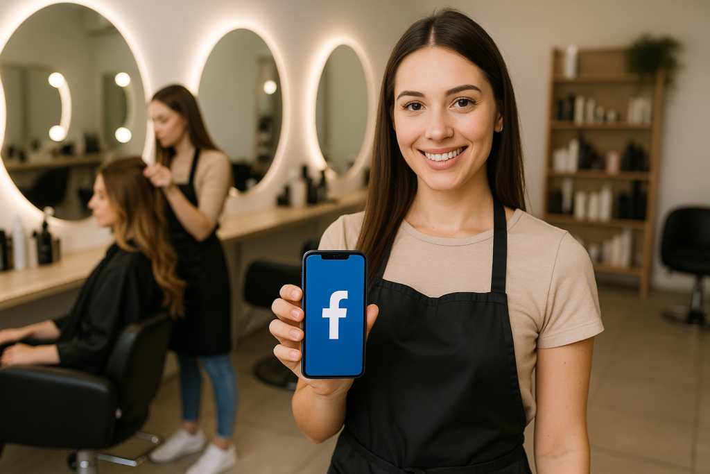 Um jovem cabeleireiro de avental sorri enquanto segura um telefone que exibe o logotipo do Facebook. Ao fundo, outro cabeleireiro penteia o cabelo de uma cliente em um salão moderno com espelhos circulares e prateleiras com produtos.