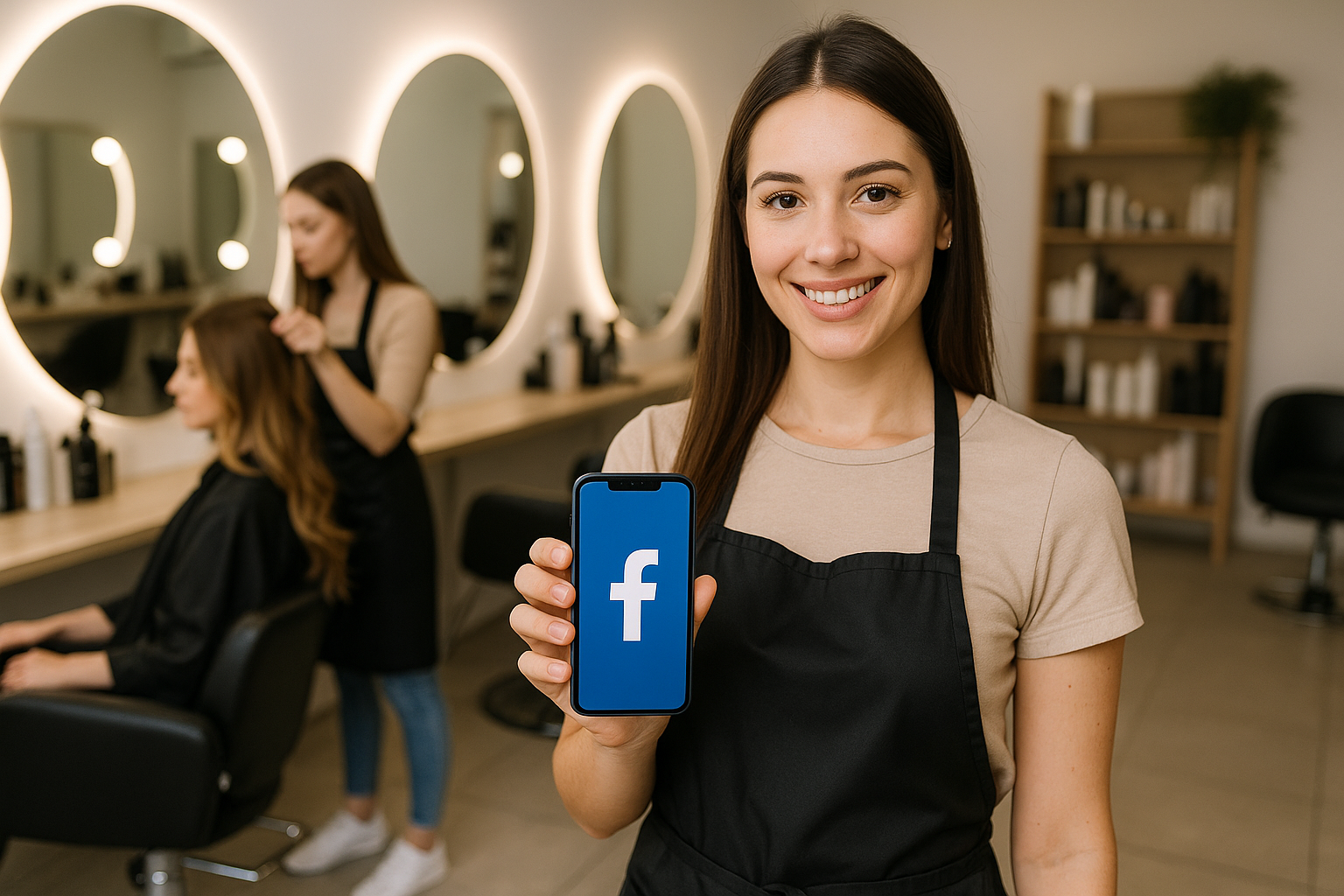 Um jovem cabeleireiro de avental sorri enquanto segura um telefone que exibe o logotipo do Facebook. Ao fundo, outro cabeleireiro penteia o cabelo de uma cliente em um salão moderno com espelhos circulares e prateleiras com produtos.