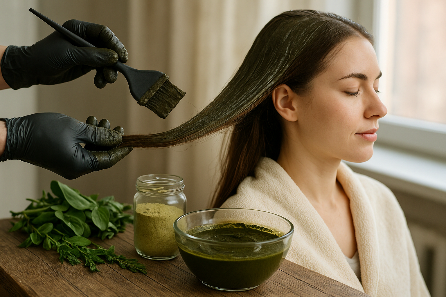 Uma pessoa com longos cabelos castanhos está sentada em um roupão com os olhos fechados enquanto outra pessoa aplica uma máscara capilar de ervas verdes usando um pincel. Tigelas com pó verde, pasta e ervas frescas estão em uma mesa de madeira próxima.