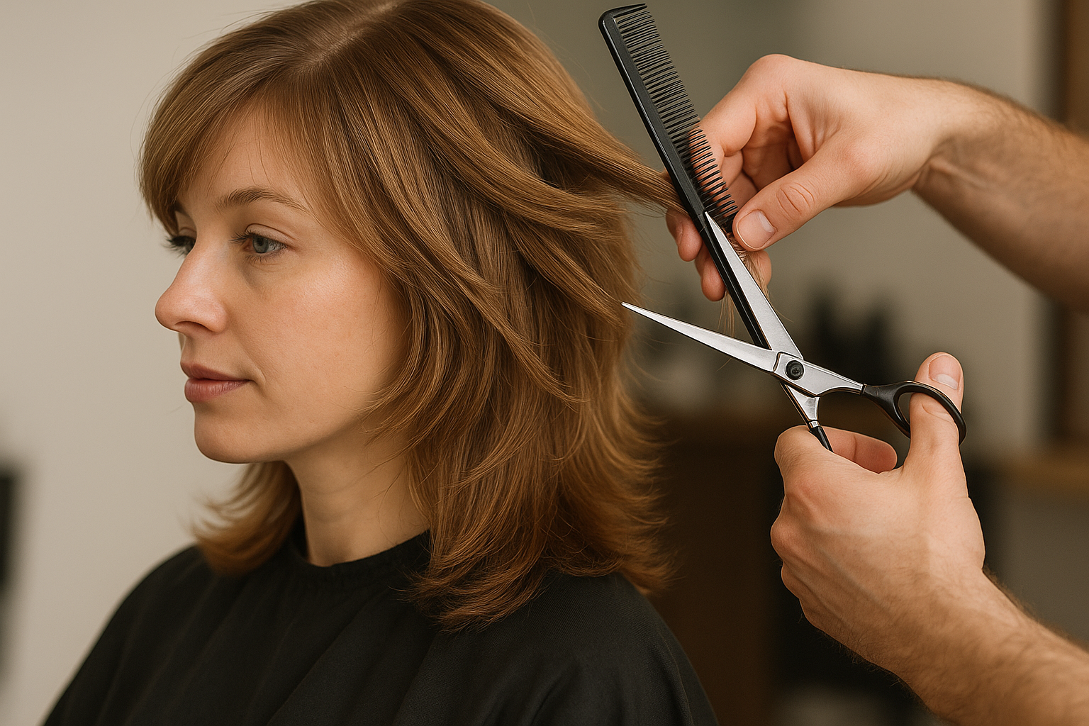 Uma pessoa com cabelo castanho na altura dos ombros está sentada enquanto outra pessoa apara seu cabelo com uma tesoura e um pente em um salão de beleza.
