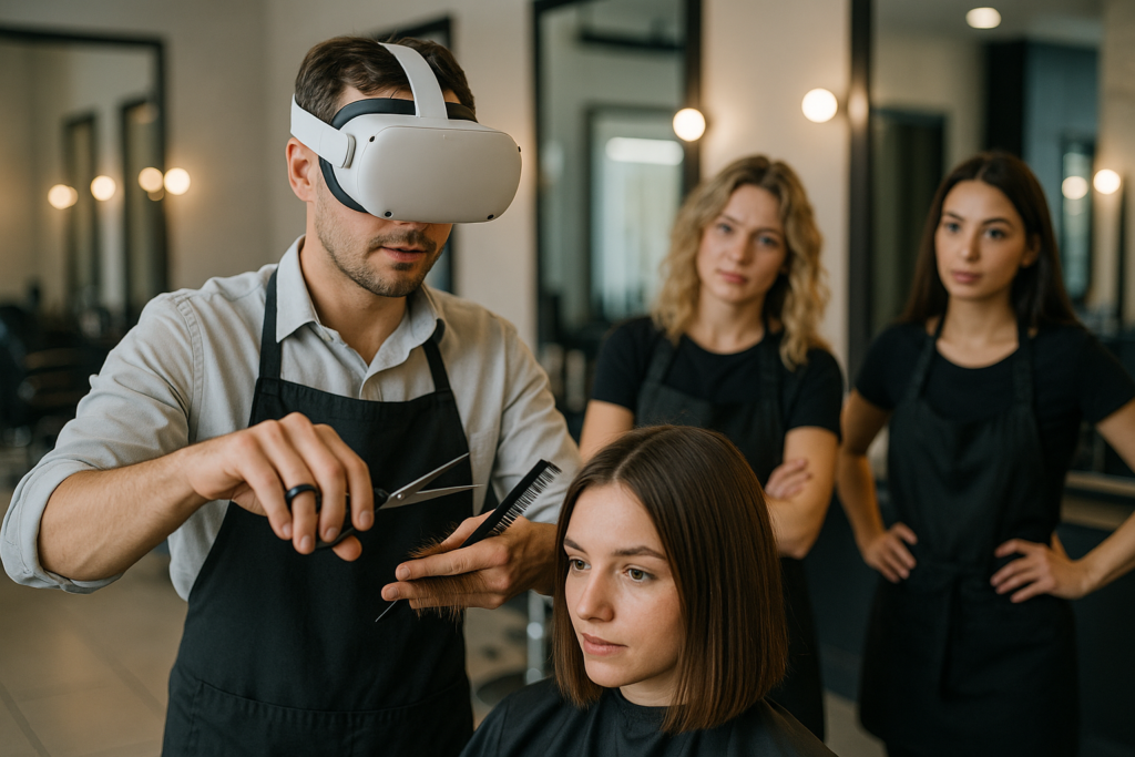 Um cabeleireiro usando um headset de realidade virtual corta o cabelo de uma mulher em um salão, segurando uma tesoura e um pente. Dois outros cabeleireiros estão próximos, observando. Todos estão usando aventais pretos.