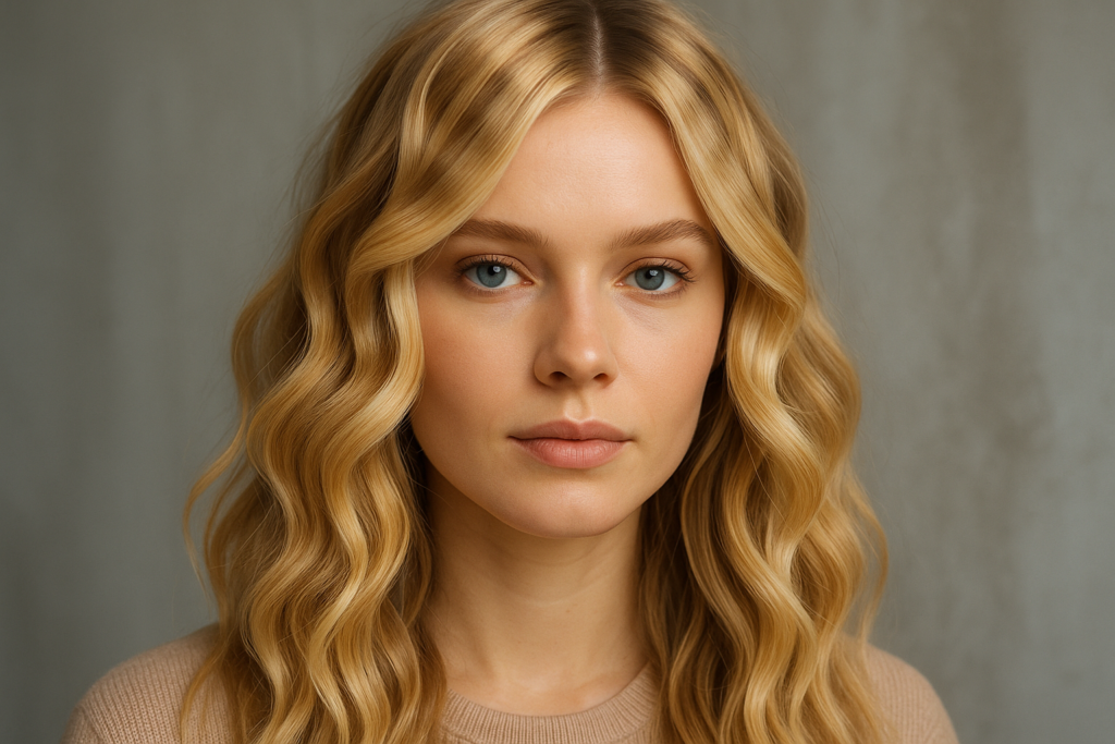 Uma jovem com longos cabelos loiros ondulados e olhos azuis olha diretamente para a câmera. Ela está usando um top bege e está posicionada em frente a um fundo cinza neutro.