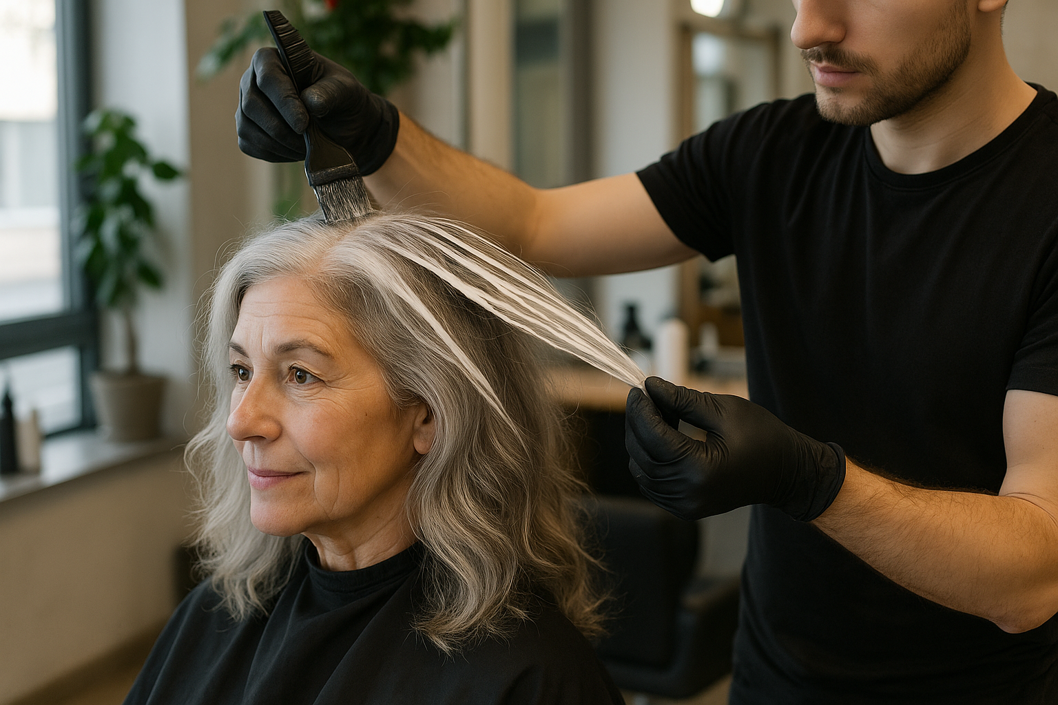 Um cabeleireiro usando luvas pretas aplica tintura de cabelo com um pincel no cabelo grisalho de uma mulher idosa sentada em um salão. A mulher está usando uma capa preta e olha para frente, enquanto o cabeleireiro trabalha.