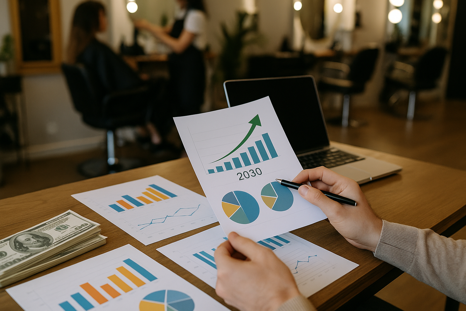 Uma pessoa em uma mesa analisa tabelas e gráficos impressos, incluindo um documento que mostra projeções de crescimento para 2030. Um laptop, dinheiro e mais gráficos estão sobre a mesa. Um salão com pessoas pode ser visto ao fundo.