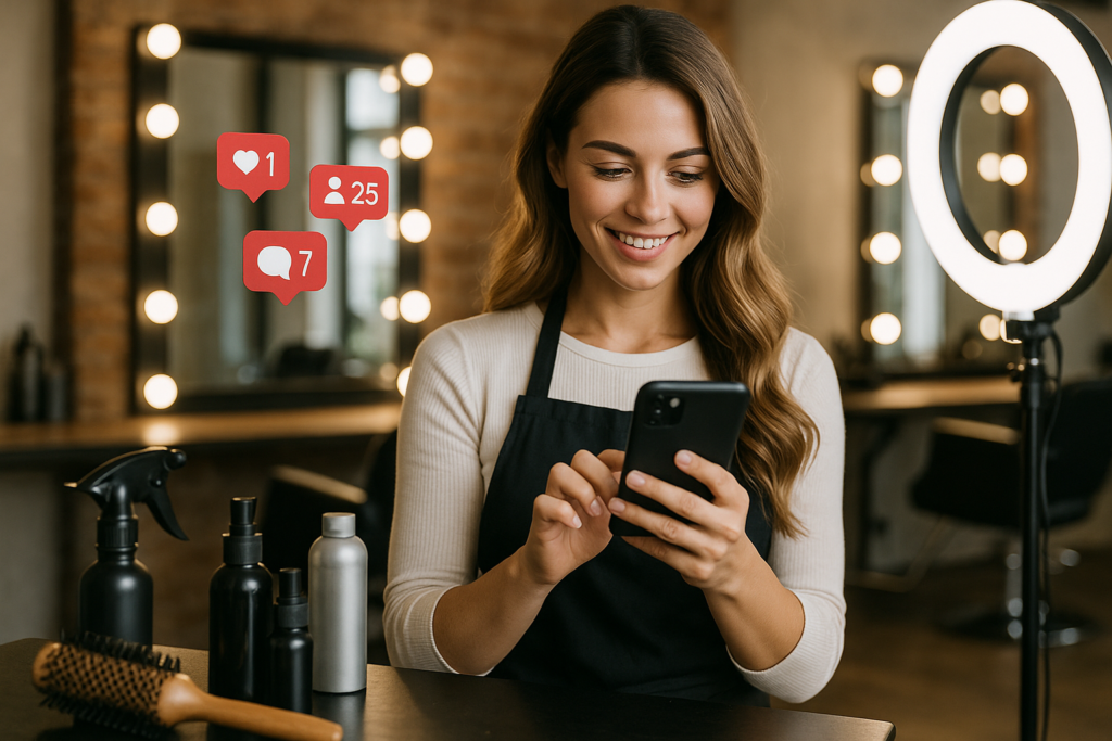 Uma mulher usando um avental está em um salão de beleza, sorrindo para seu smartphone. Produtos para cabelo e escovas estão sobre o balcão, com ícones de notificação de mídia social aparecendo perto dela. Um anel luminoso e espelhos estão ao fundo.