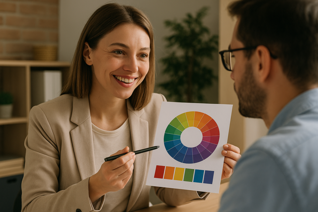 Uma mulher de blazer bege sorri enquanto mostra uma tabela de cores a um homem de óculos. Ela segura uma caneta e parece estar explicando a tabela em um ambiente de escritório.