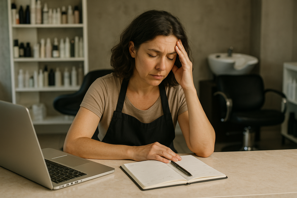 Uma mulher usando um avental senta-se em uma mesa com um laptop e um caderno aberto, apoiando a cabeça em uma das mãos e aparentando estar estressada ou cansada. Prateleiras com garrafas e uma cadeira de salão estão ao fundo.