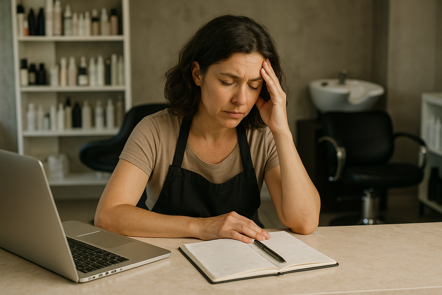 Uma mulher usando um avental senta-se em uma mesa com um laptop e um caderno aberto, apoiando a cabeça em uma das mãos e aparentando estar estressada ou cansada. Prateleiras com garrafas e uma cadeira de salão estão ao fundo.