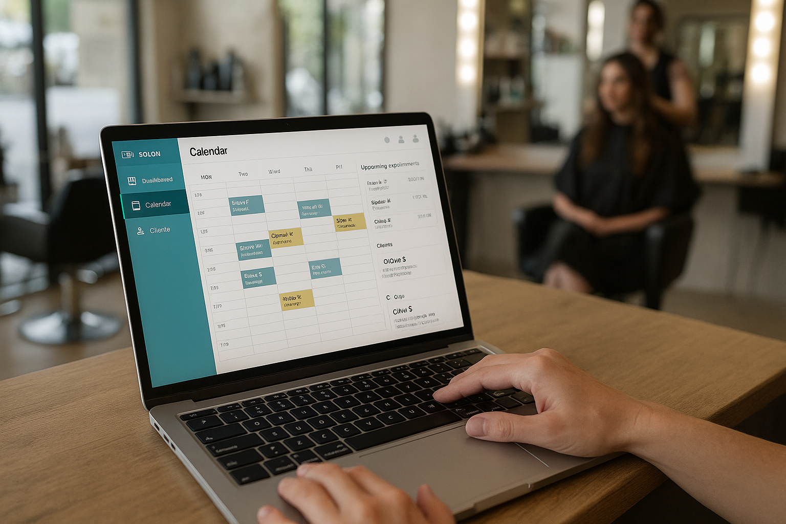 Uma pessoa usa um laptop que exibe um calendário com compromissos agendados. O laptop está sobre uma mesa de madeira em um salão moderno, e uma pessoa com uma capa preta está sentada no fundo desfocado.