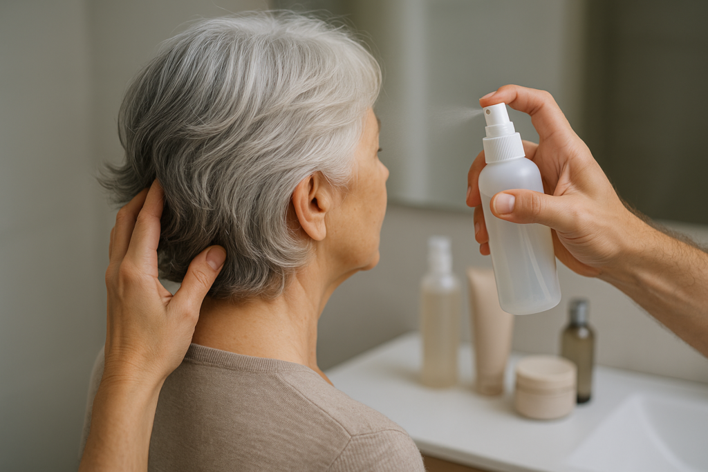 Uma pessoa borrifa um líquido de um frasco branco no cabelo curto e grisalho de uma mulher idosa, que está sentada de costas para a câmera em um banheiro com vários produtos de higiene pessoal sobre o balcão.