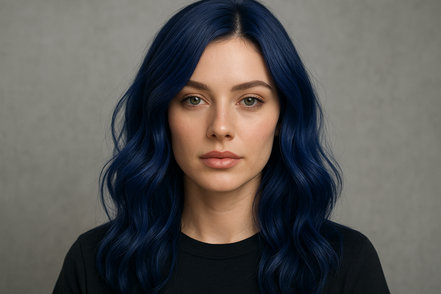 Uma mulher com cabelos azuis escuros ondulados e pele clara olha diretamente para a câmera. Ela está vestindo uma camisa preta e está posando contra um fundo cinza liso.