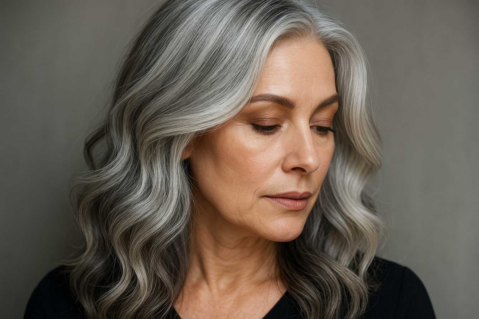 Uma mulher com cabelos grisalhos longos e ondulados olha ligeiramente para baixo. Ela tem uma expressão neutra e usa uma blusa preta. O fundo é liso e cinza.