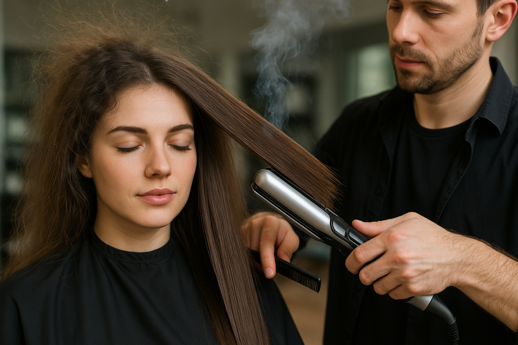 Um cabeleireiro está alisando os longos cabelos castanhos de uma mulher com uma chapinha. A mulher tem os olhos fechados e está usando uma capa de corte de cabelo preta. É possível ver o vapor saindo da chapinha.