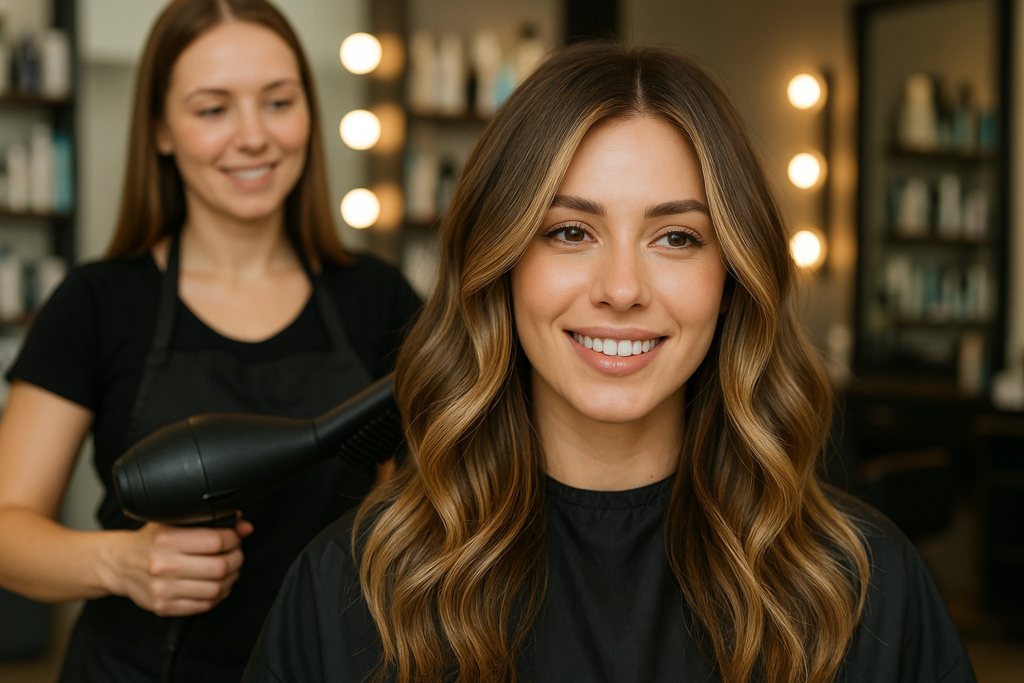 Uma mulher sorridente com cabelos ondulados e com mechas senta-se em uma cadeira de salão enquanto um cabeleireiro fica atrás dela, usando um secador de cabelo. Prateleiras com produtos para cabelo e espelhos com luzes são visíveis ao fundo.