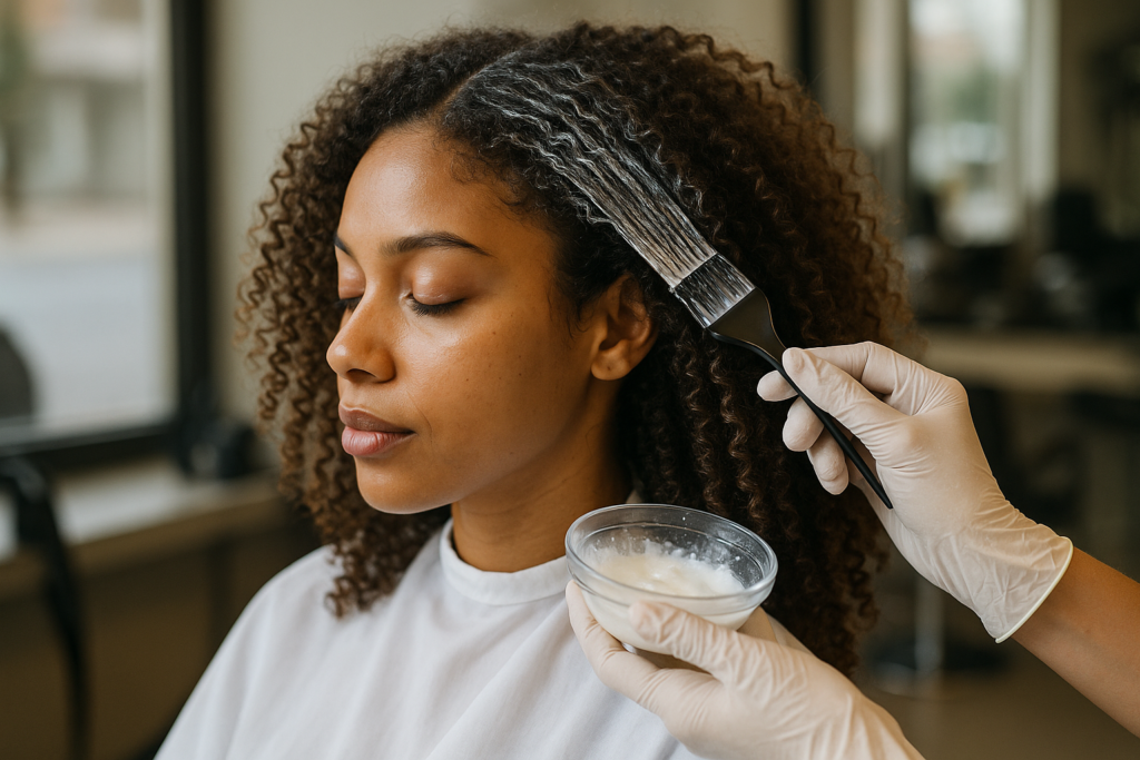 Uma pessoa com cabelos cacheados senta-se com os olhos fechados enquanto outra pessoa usando luvas aplica um tratamento capilar com uma escova. O cenário parece ser um salão de cabeleireiro.