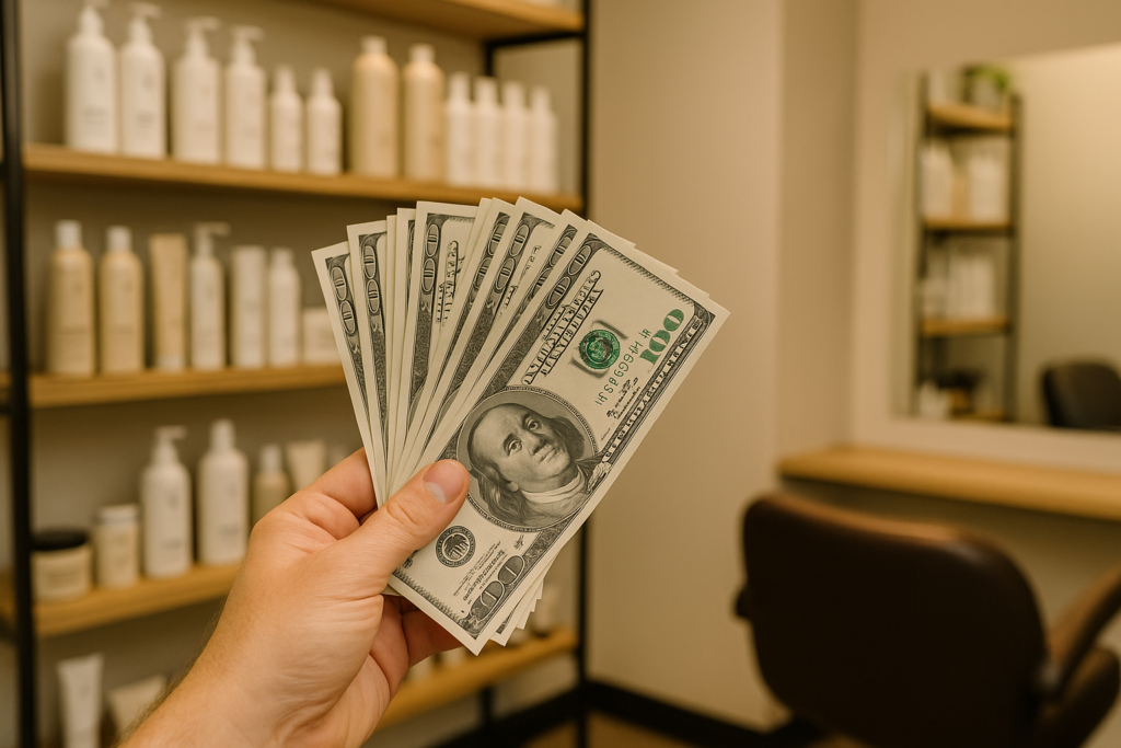 Uma mão segura várias notas de US$ 100 em um ambiente de salão de beleza ou spa, com prateleiras de garrafas e recipientes e um espelho visível ao fundo.