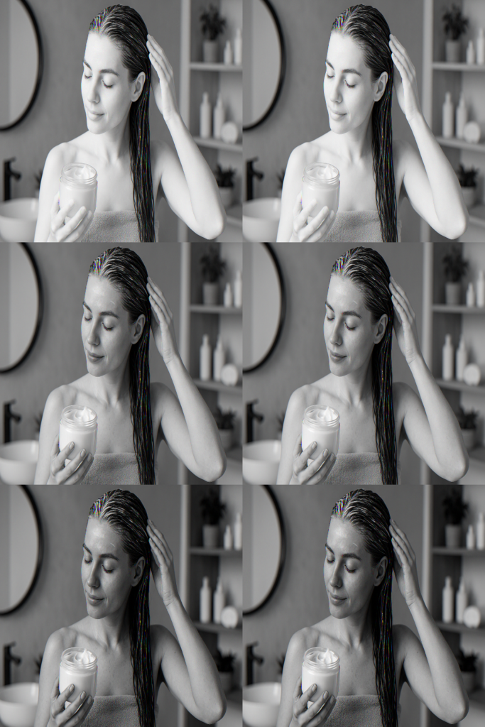 Uma colagem em preto e branco de seis imagens mostrando uma mulher com o cabelo molhado, enrolada em uma toalha, aplicando um produto de cabelo em pé em um banheiro com prateleiras e um espelho redondo ao fundo.