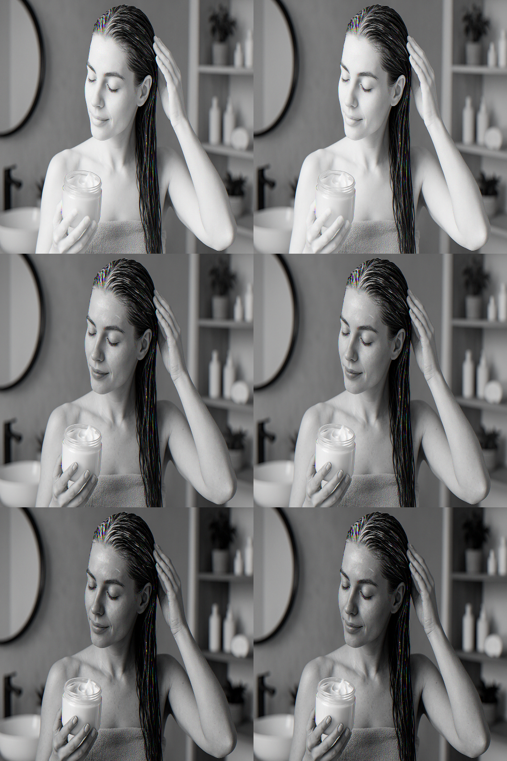 Uma colagem em preto e branco de seis imagens mostrando uma mulher com o cabelo molhado, enrolada em uma toalha, aplicando um produto de cabelo em pé em um banheiro com prateleiras e um espelho redondo ao fundo.