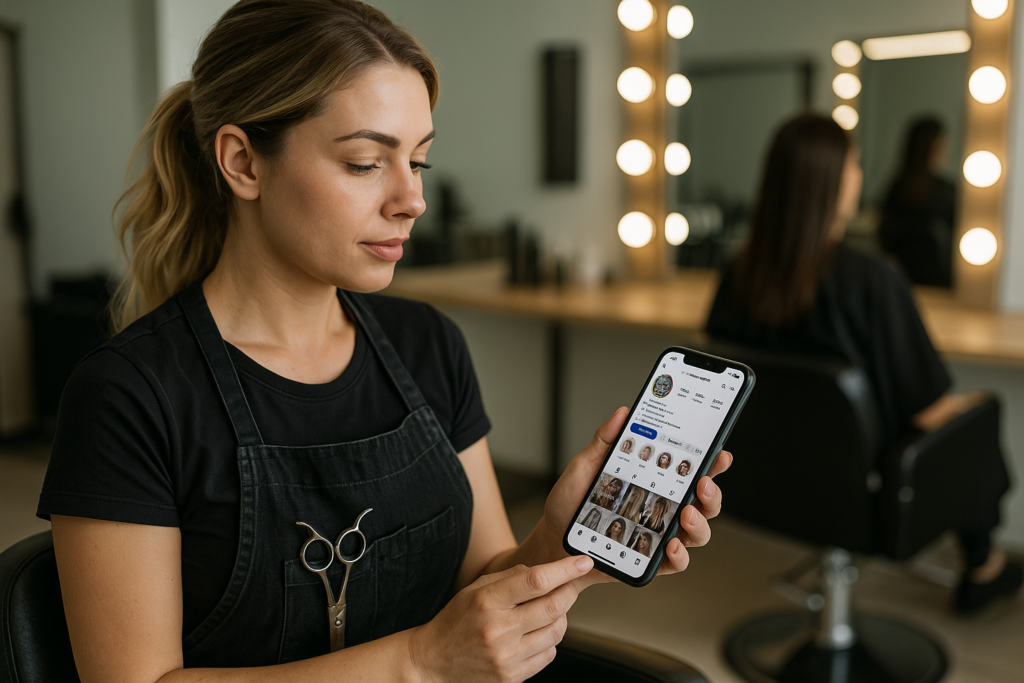 Uma mulher em um uniforme preto de salão de beleza segura e olha para um smartphone que exibe um perfil de mídia social. Ela está em pé em um salão de cabeleireiro com espelhos e luzes, e outra pessoa está sentada ao fundo.