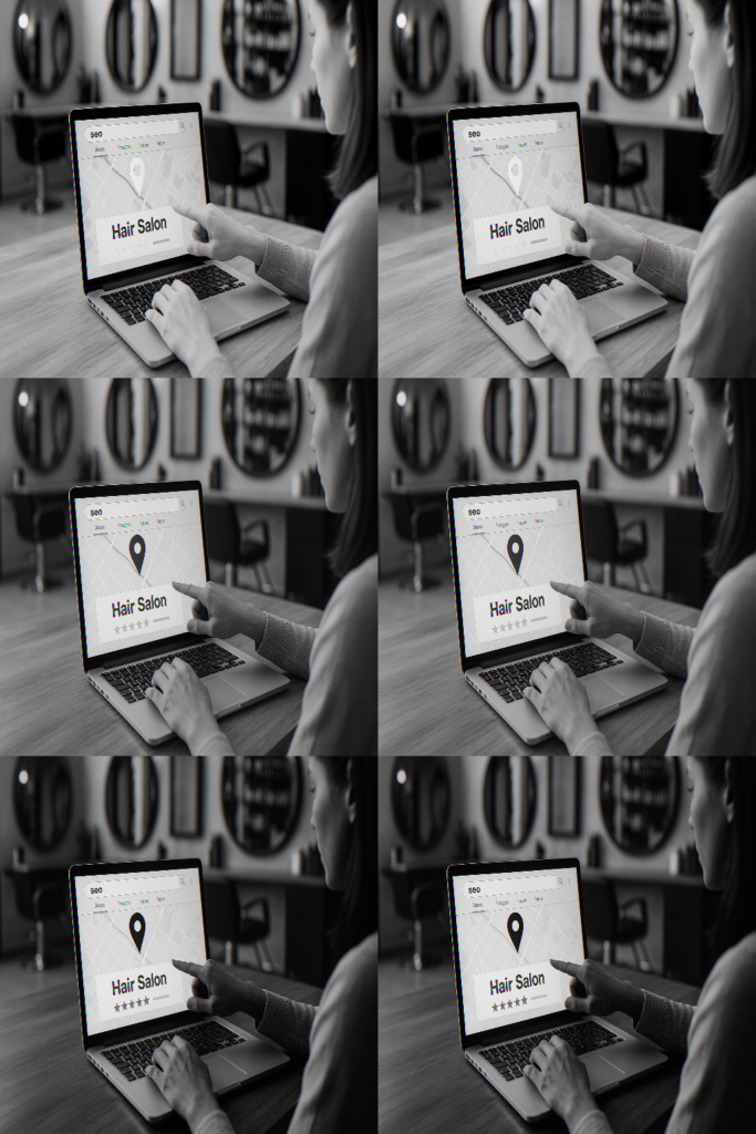 Uma pessoa está sentada em uma mesa usando um laptop, visualizando uma página da Web com um mapa de localização de um salão de cabeleireiro. A mesma imagem é repetida seis vezes em uma grade 2x3. A foto é em preto e branco.