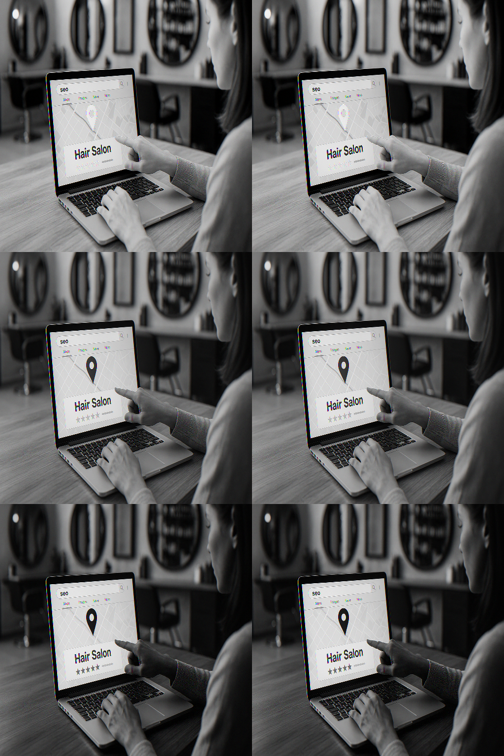 Uma pessoa está sentada em uma mesa usando um laptop, visualizando uma página da Web com um mapa de localização de um salão de cabeleireiro. A mesma imagem é repetida seis vezes em uma grade 2x3. A foto é em preto e branco.