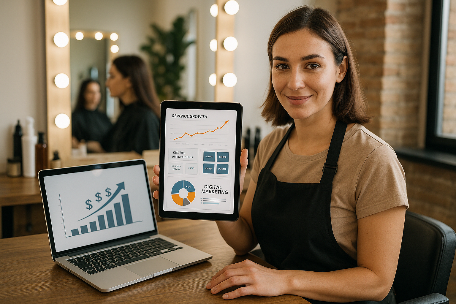 Uma mulher usando um avental preto senta-se em uma mesa com um laptop que mostra um gráfico de crescimento financeiro e segura um tablet que exibe estatísticas de marketing digital. Ela sorri para a câmera em uma sala moderna e bem iluminada.