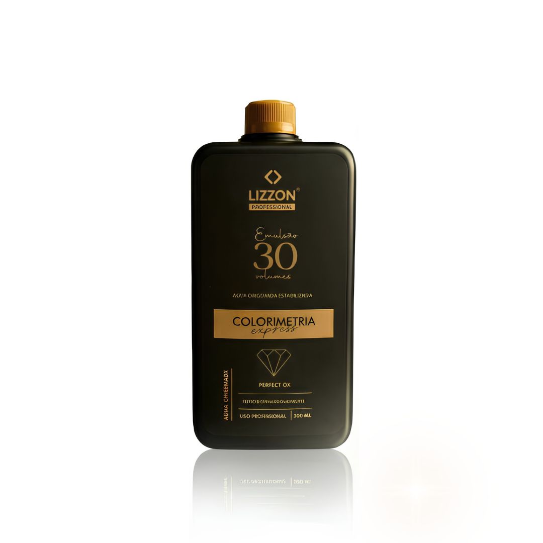 Um frasco preto de Emulsão Oxidante Express 30Vol. 900ml com uma tampa marrom é mostrado em um fundo branco.