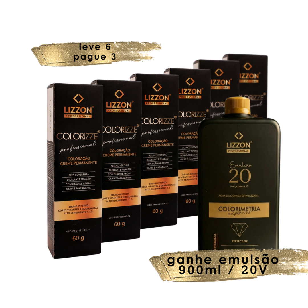 Cinco caixas de Colorizze Coloração Creme Permanente Leve 3 Pague 2 (combo 6 unidades) são exibidas atrás de um Lizzon Emulsão 20V de 900 ml, com o nome da promoção exibido em português acima e abaixo dos produtos.