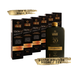 Cinco caixas de Colorizze Coloração Creme Permanente Leve 3 Pague 2 (combo 6 unidades) são exibidas atrás de um Lizzon Emulsão 20V de 900 ml, com o nome da promoção exibido em português acima e abaixo dos produtos.