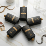 Cinco frascos pretos com rótulos dourados do Kit Emulsão Oxidante Colorimetria Express (5 unidades) estão dispostos em um padrão de estrela em uma superfície de mármore, cercados por amostras de cores de cabelo, tubos de ensaio de vidro e duas mechas de cabelo.