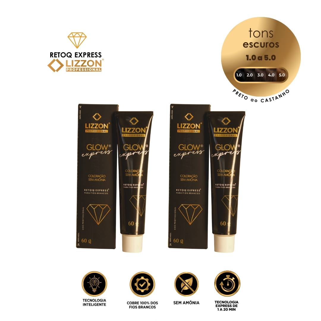 Dois tubos pretos do creme de coloração para cabelos Bisnaga Retoq Express em Dobro (Tons Escuros) são mostrados com caixas pretas e douradas elegantes combinando. Os ícones destacam a tecnologia inteligente, a cobertura 100% cinza, a fórmula sem amônia e o processamento rápido.