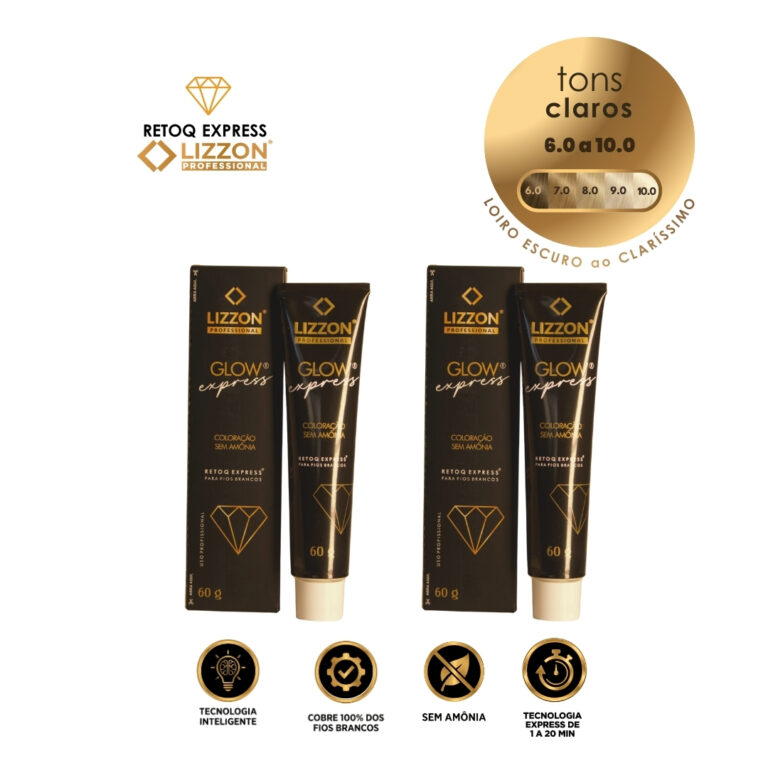 Duas bisnagas pretas e douradas de Bisnaga Retoq Express em Dobro (Tons Escuros) estão na vertical com suas caixas. Os ícones e o texto indicam que é para tons de cabelo loiro claro (6,0 a 10,0) e apresenta tecnologia inteligente sem amônia.