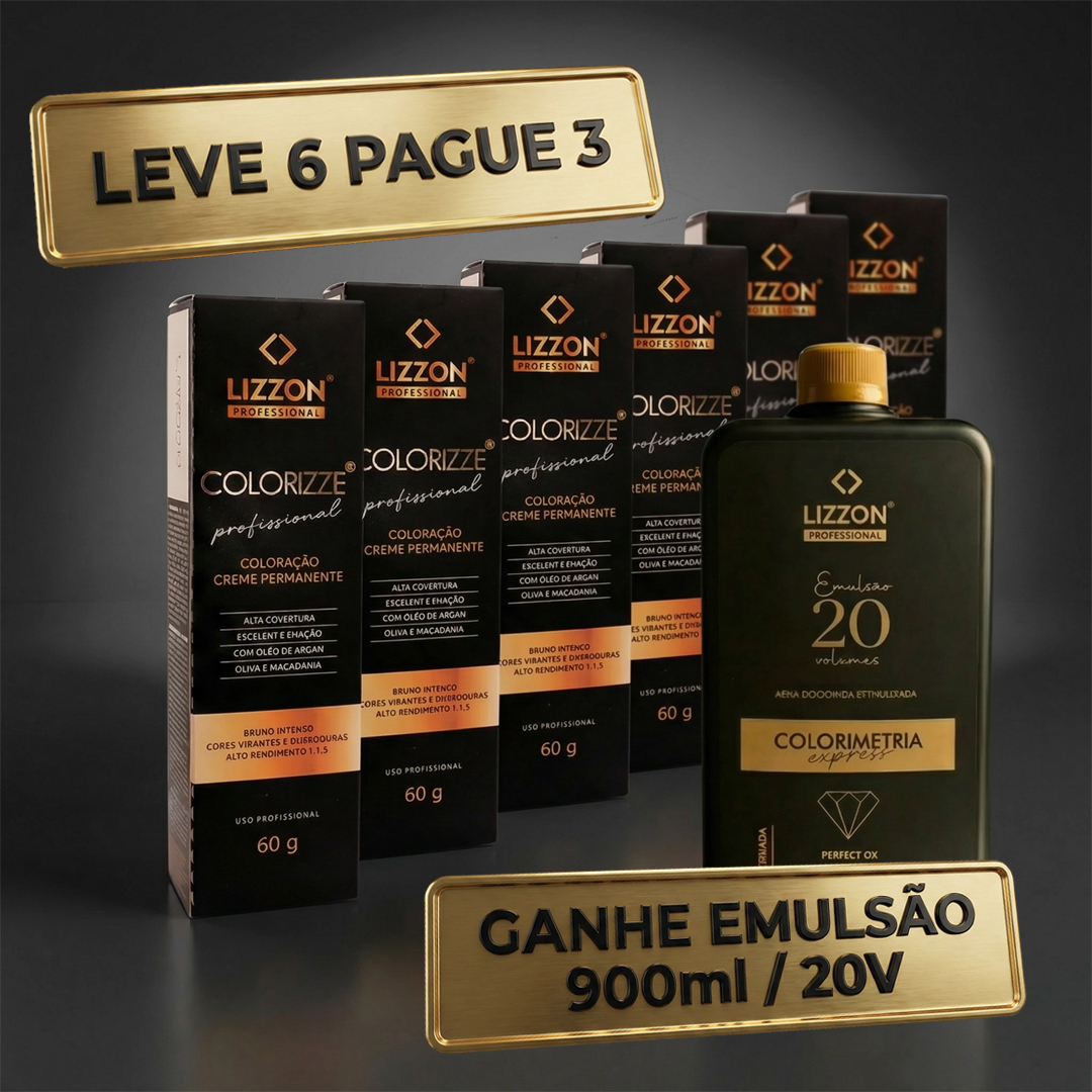 Seis caixas de Colorizze (combo 6 unidades) com uma OX Emulsão 20vol de 900 ml estão expostas. As placas douradas mostram