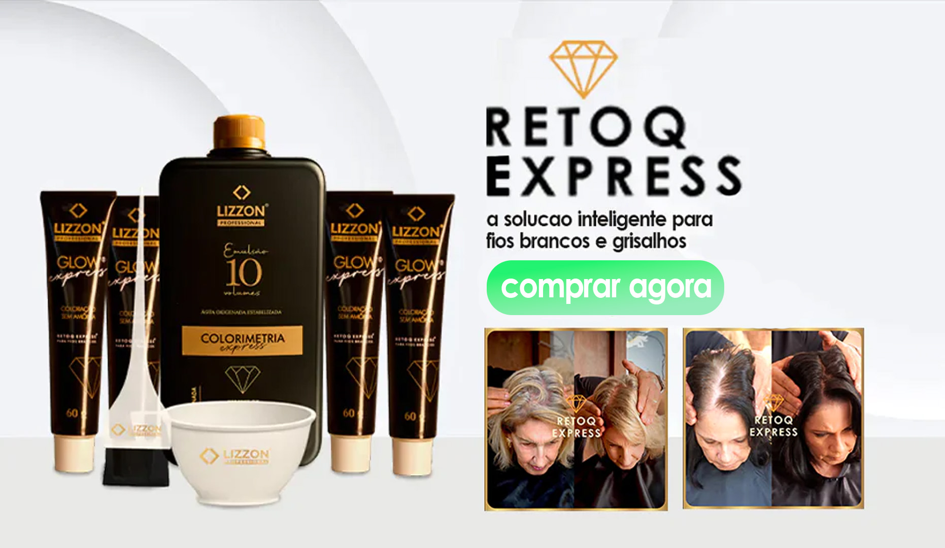Um conjunto de produtos para cabelo Lizzon Retoq Express, incluindo tubos, uma garrafa, uma tigela e uma escova, com texto oferecendo uma solução Lizzon para cabelos brancos e grisalhos. Duas fotos mostram cabelos sendo tratados com o produto.