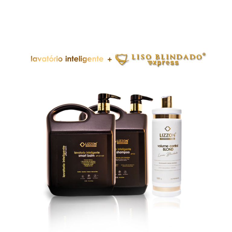 O conjunto Kit Liso Blindado Blond + Lavatório Inteligente inclui dois frascos grandes marrons com bomba (bálsamo e xampu inteligentes) e um frasco alto branco (controle de volume BLOND), todos da Lizzon.