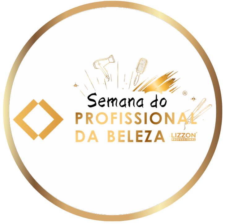 Um logotipo circular da Lizzon com uma borda dourada e ícones de ferramentas de beleza, com o texto Semana do Profissional da Beleza LIZZON Profissional em dourado e preto em um fundo branco.